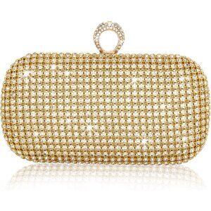 ⚡  Women's Rhinestone Evening Sparkly Glitter Crystal Ring Clasp Gold Clutch Bag